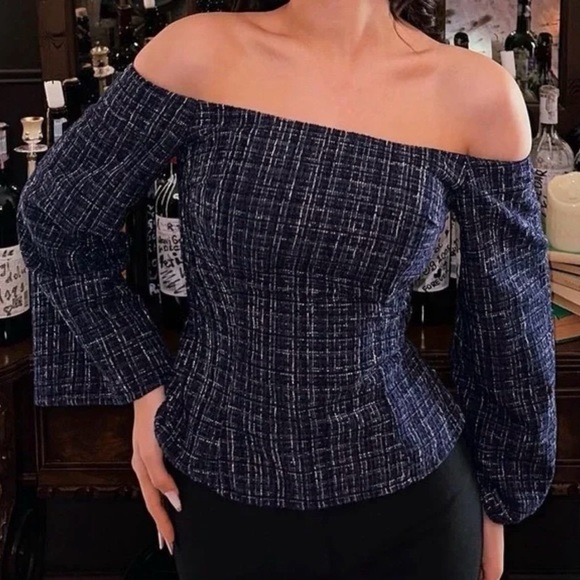 Zara Tops - Zara Blue Tweed Textured Off the Shoulder Top